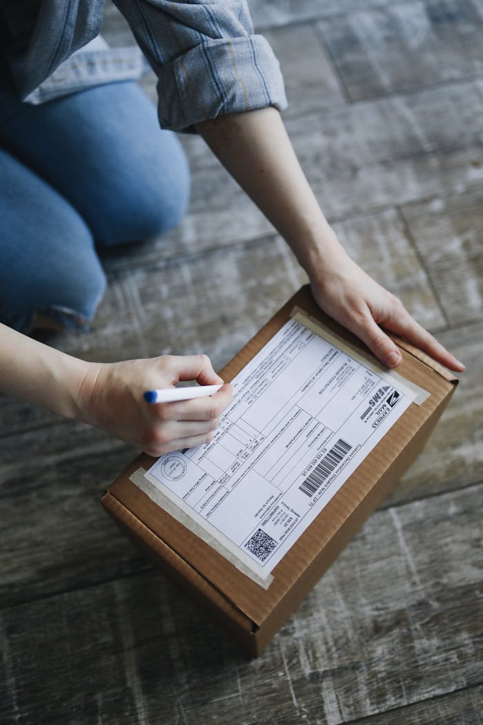 Hands writing label on a cardboard box, ready for shipment or mailing.